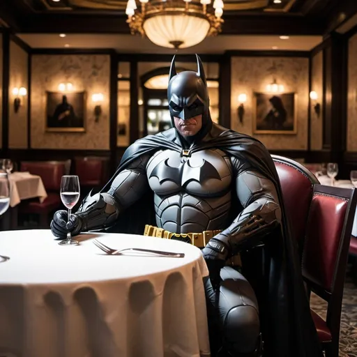 Prompt: Batman sitting with a bat at a fancy restaurant.