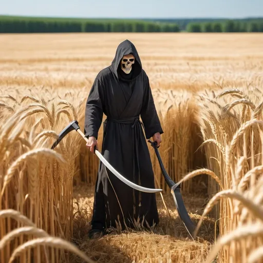 Prompt: The reaper is working with his scythe in a magnificent wheat field. It is a beautiful day. 