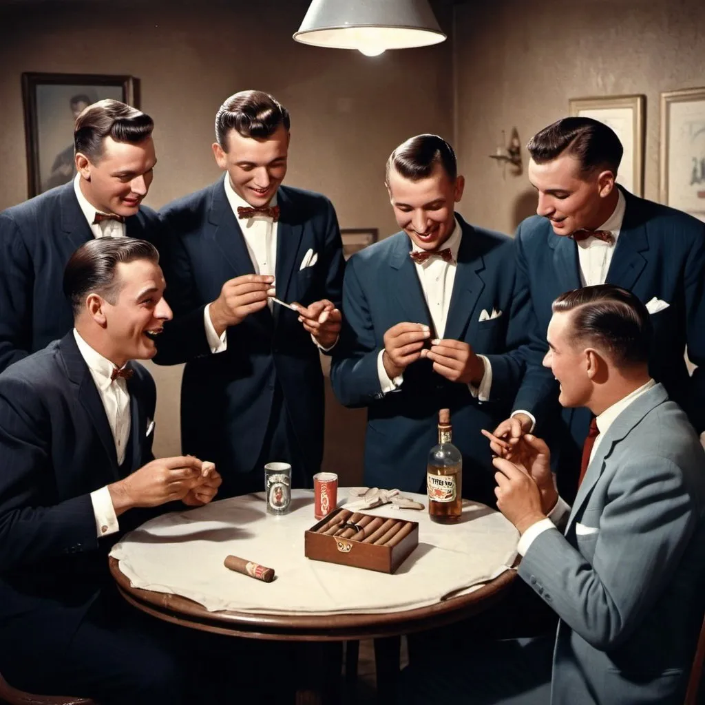 Prompt: A group of gentlemen are gathering at a party in suits in 1960, USA. One of the men is playing magic tricks for his friends, appearing entertained. Cigars. HQ. Realistic. Colored. Small brush. Laughing. 