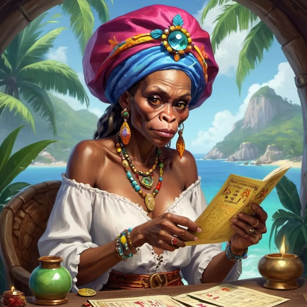 Prompt: A Carribean psychic lady in exotic clothing is reading your fortune. Monkey Island. HQ. Small brush. 