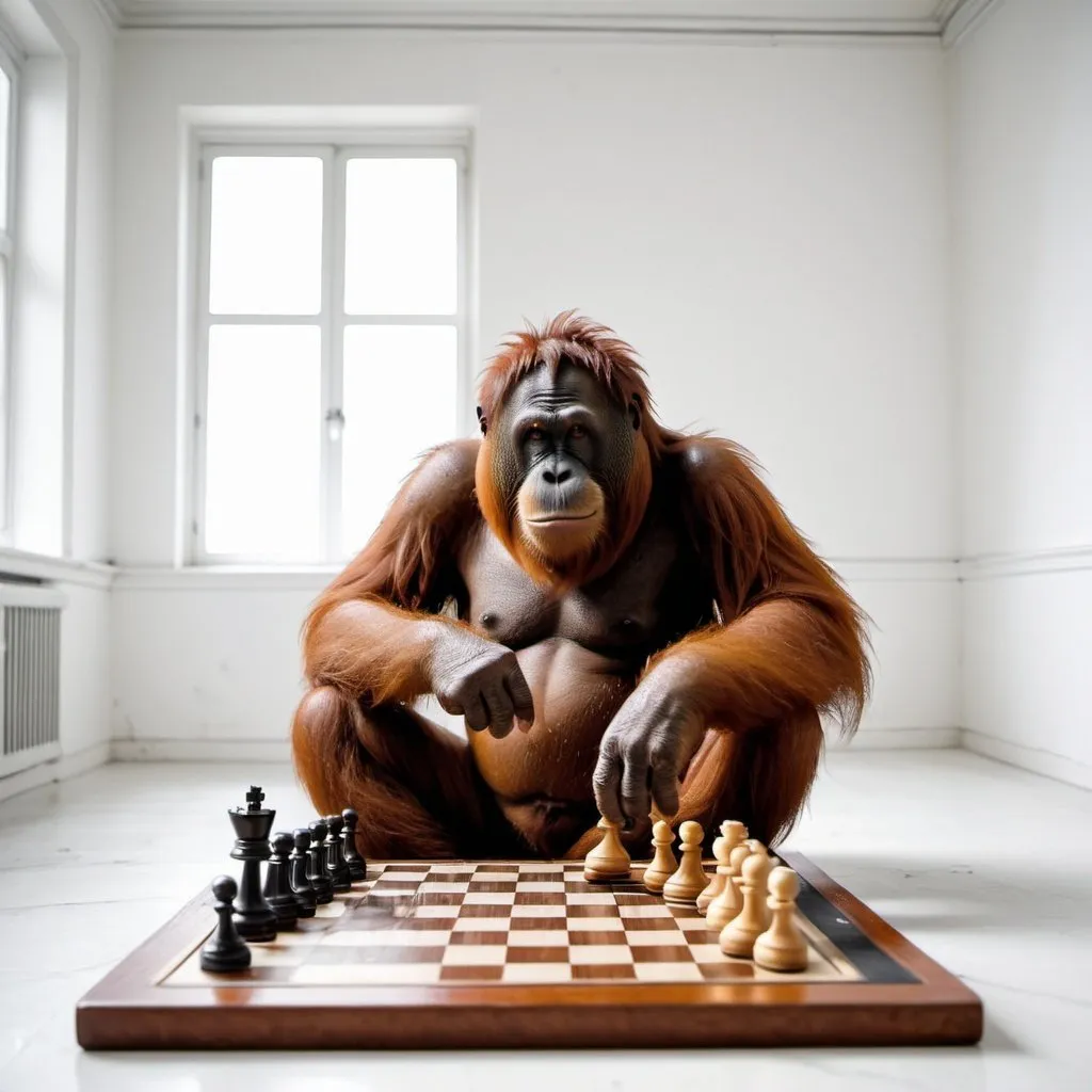 Prompt: A male orangutan is playing chess with Garry Kasparov in a white empty room. 
HQ. Small brush. 