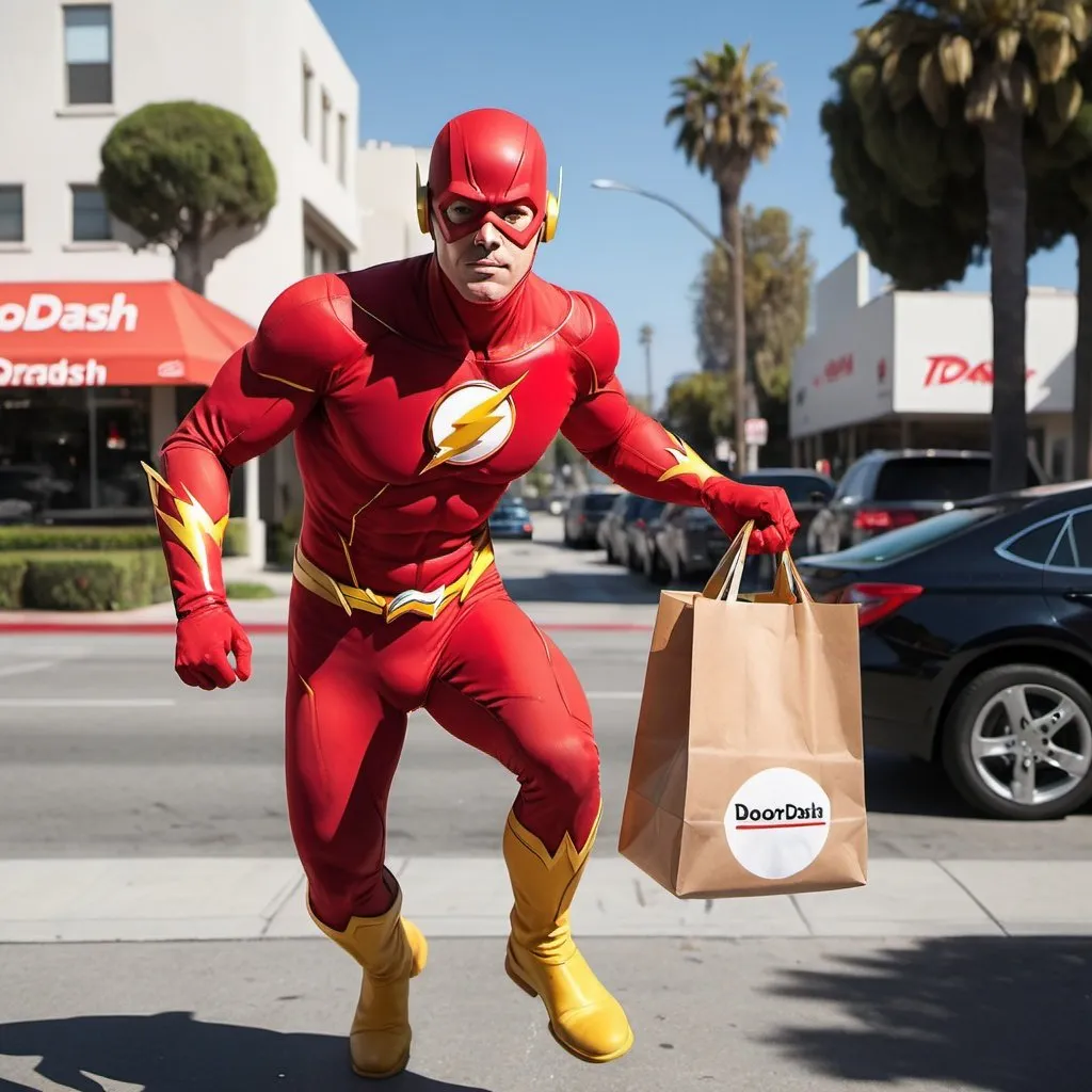 Prompt: Flash the superhero is delivering food using Doordash in LA. HQ. Realistic. 
