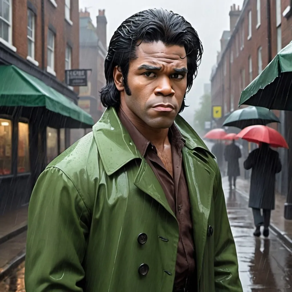 Prompt: Main character of the book Cataclysm of an Idiot. His name is James Brown. He is 32 years old, Caucasian, six-point-two tall, moderately muscular with a broad face and well-angled jaw. He has long black hair. He is wearing a green rain coat. The year is 1940's in London. He is walking under the rain without an umbrella. 
HQ. Fiction. Small brush digital painting. 
