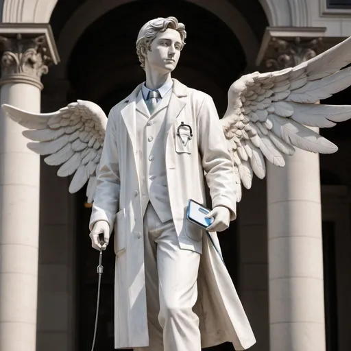 Prompt: Full-body white statue of a young male doctor with angel wings, wearing a long white coat, and carrying a stethoscope around his neck. He is holding a surgical scalpel in his right hand above his head, and he is looking up toward the scalpel. Location is city square setting, detailed features, high quality, marble sculpture, angelic, serene lighting, professional, traditional art, urban, detailed wings, dramatic composition