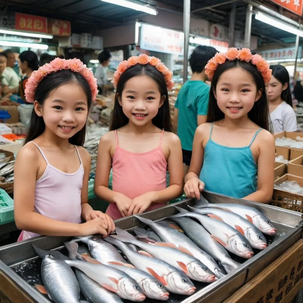 Prompt: The little mermaids selling fish at an Asian Market.   