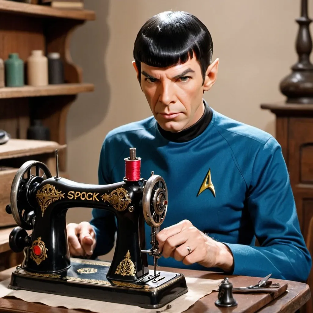 Prompt: Spock working with an antique black sewing machine. He is showing the Spock hand. 
HQ, small brush