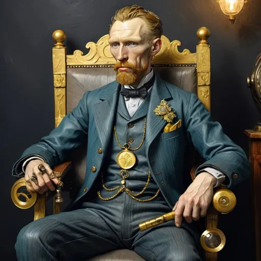 Prompt: Van Gogh living as a rich nobleman. He is sitting on a fancy chair, with a gold pocket watch, gold coins, and holding a fancy pipe. His right ear is prosthetic and made of shiny dark gray robotic titanium.  