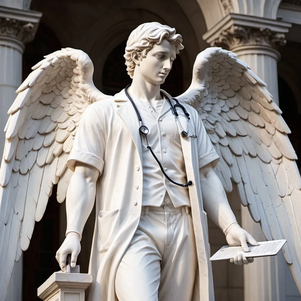 Prompt: White statue of a young male doctor with angel wings, long white coat, stethoscope around neck, holding scalpel, city square setting, detailed features, high quality, marble sculpture, angelic, serene lighting, professional, traditional art, urban, detailed wings, dramatic composition