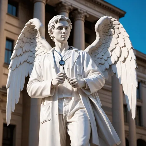 Prompt: White statue of a young male doctor with angel wings, long white coat, stethoscope around neck, holding a surgical scalpel above his head, city square setting, detailed features, high quality, marble sculpture, angelic, serene lighting, professional, traditional art, urban, detailed wings, dramatic composition