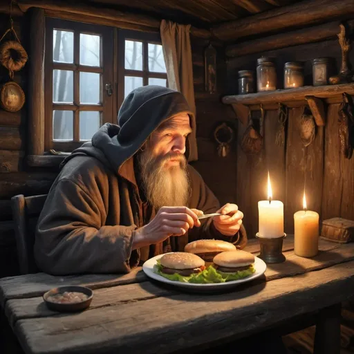 Prompt: A hermit sitting at the table in an old cabin is eating hamburger. There is a candle on the table. 
HQ. Tarot art. Small brush. realistic. 