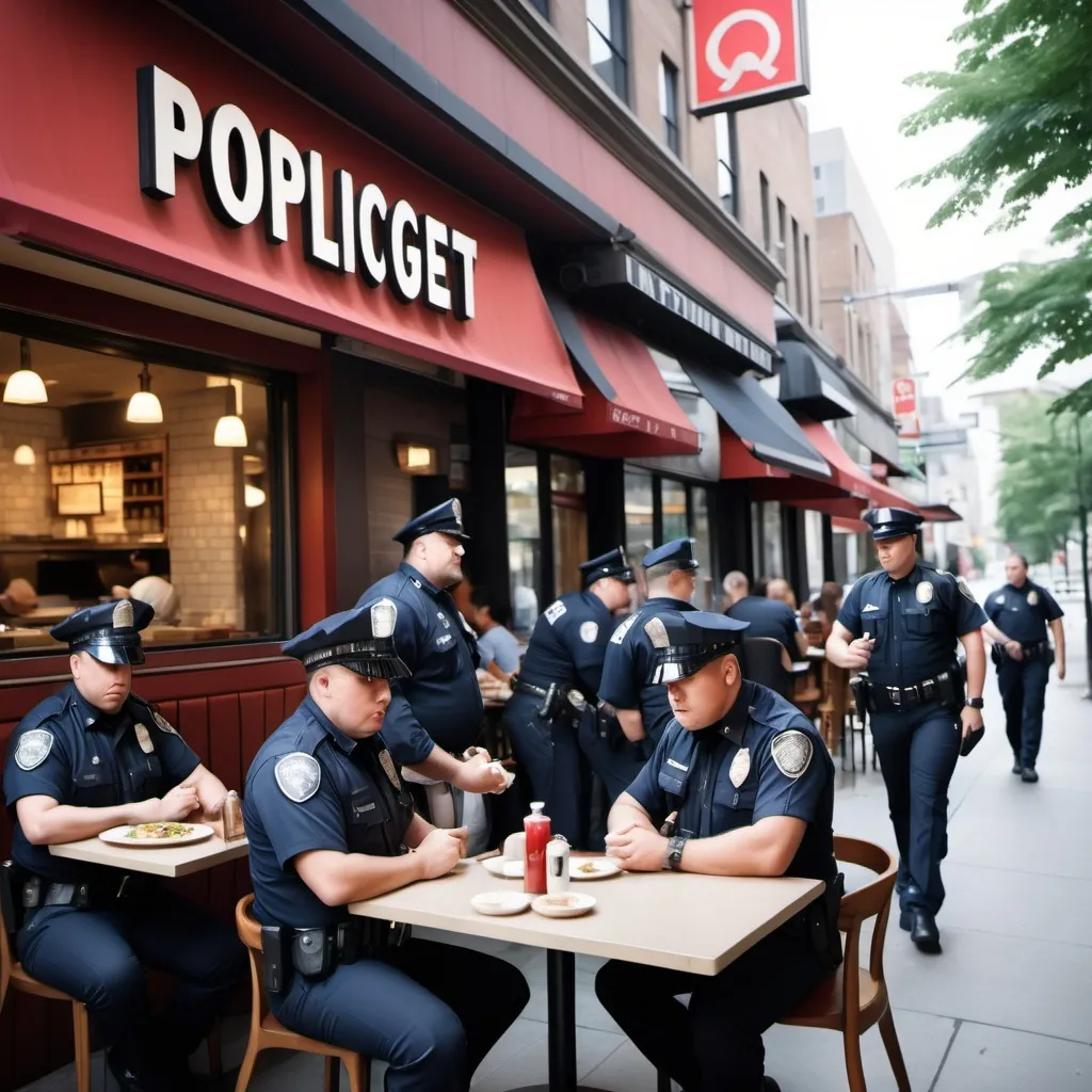 Prompt: A good restaurant has high quality foods and low prices. One way to pin such a restaurant is by the number of police officers eating there, because they know the city well, have low budget for eating out, and care about their well being. Hq. Realistic. 
