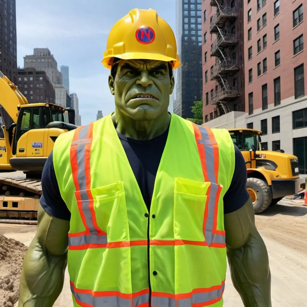 Prompt: Hulk is working at construction in NY. He is wearing a yellow safety vest, and a hard hat. 