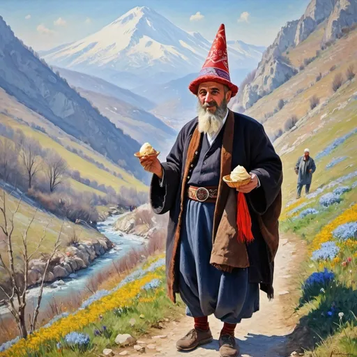 Prompt: A painting in impressionism showing the first days of spring in a beautiful mountain in Turkey. There is a traditional Turkish man, around 60, in a traditional Turkish hat and costume selling ice creams. 