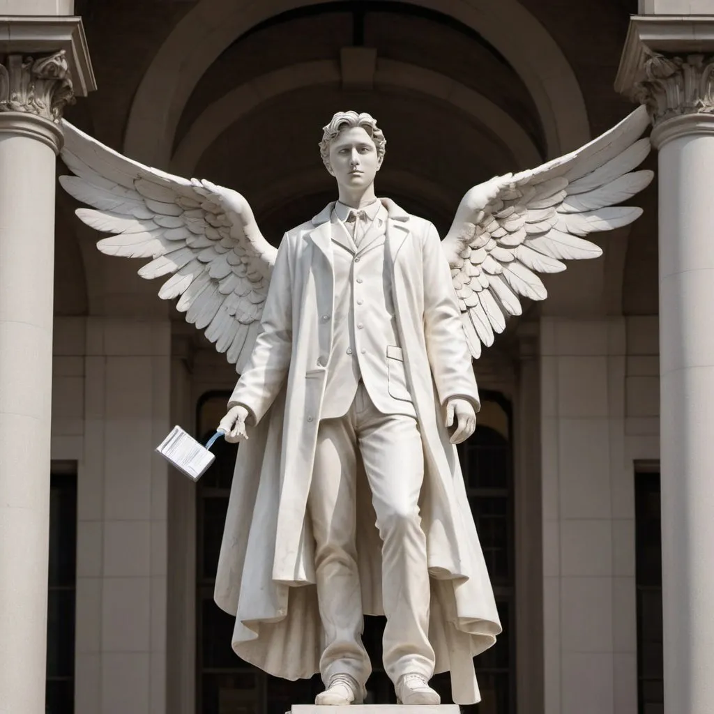 Prompt: Full-body white statue of a young male doctor with angel wings, wearing a long white coat, and carrying a stethoscope around his neck. He is holding a surgical scalpel in his right hand above his head, and he is looking up toward the scalpel. Location is city square setting, detailed features, high quality, marble sculpture, angelic, serene lighting, professional, traditional art, urban, detailed wings, dramatic composition