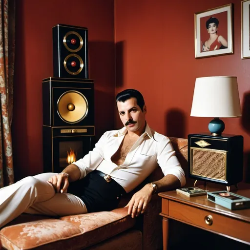 Prompt: Freddie Mercury is sitting relaxed in a  cosy room listening to a vintage transistor radio. The brand of the radio is GAGA should be visible in the picture. 