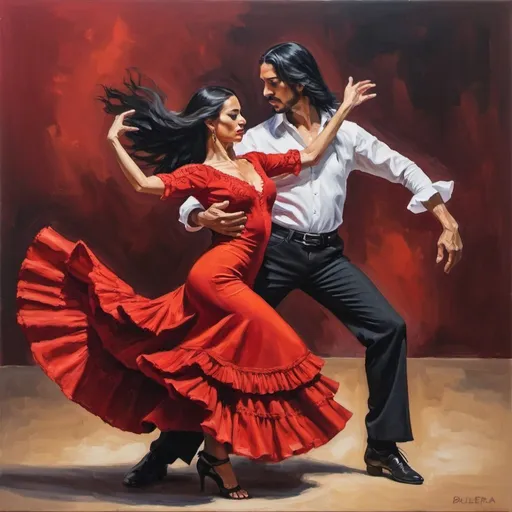 Prompt: Painting of a male flamenco guitar player and a flamenco dancer. Oil painting. Spanish vibes. The man has long black hair. The female dancer is dressed in a red traditional flamenco dance dress. HQ. Bulerias. 