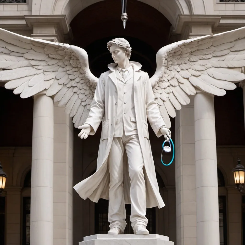 Prompt: Full-body white statue of a young male doctor with angel wings, wearing a long white coat, and carrying a stethoscope around his neck. He is holding a surgical scalpel in his right hand raised above his head, and he is looking up toward the scalpel. Location is city square setting, detailed features, high quality, marble sculpture, angelic, serene lighting, professional, traditional art, urban, detailed wings, dramatic composition