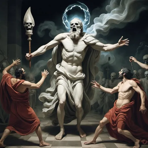 Prompt: The ghost of Hippocrates battling with Hades. Theme gods battling. Surreal. 