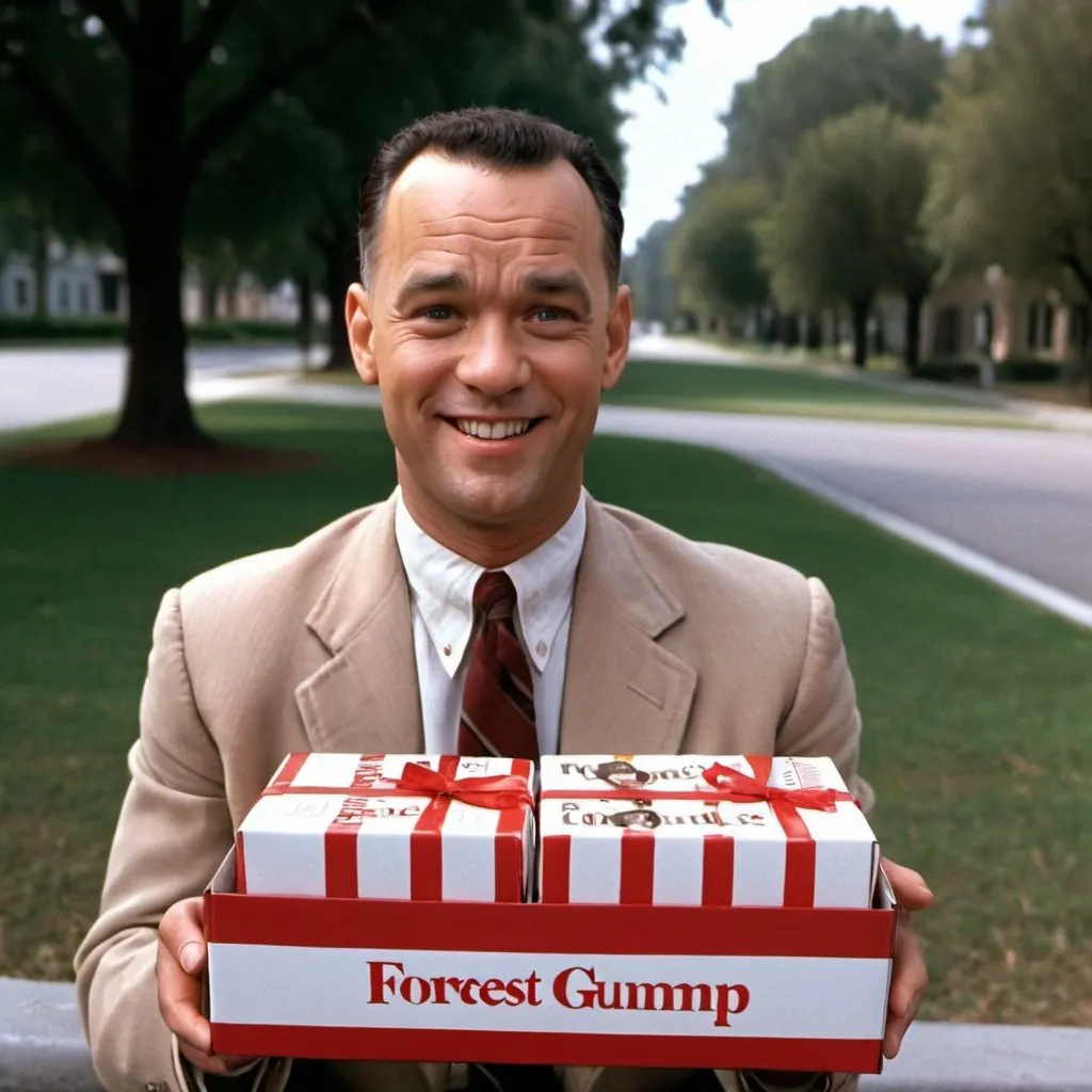 Prompt: Forrest Gump offering a box of chocolates to the camera with a smile. Face exactly like Tom Hanks. HQ.