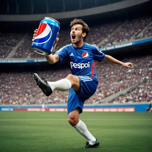 Prompt: A professional soccer player is kicking a can of Pepsi in the middle of a stadium. HQ. Surreal. Funny. Artistic. 