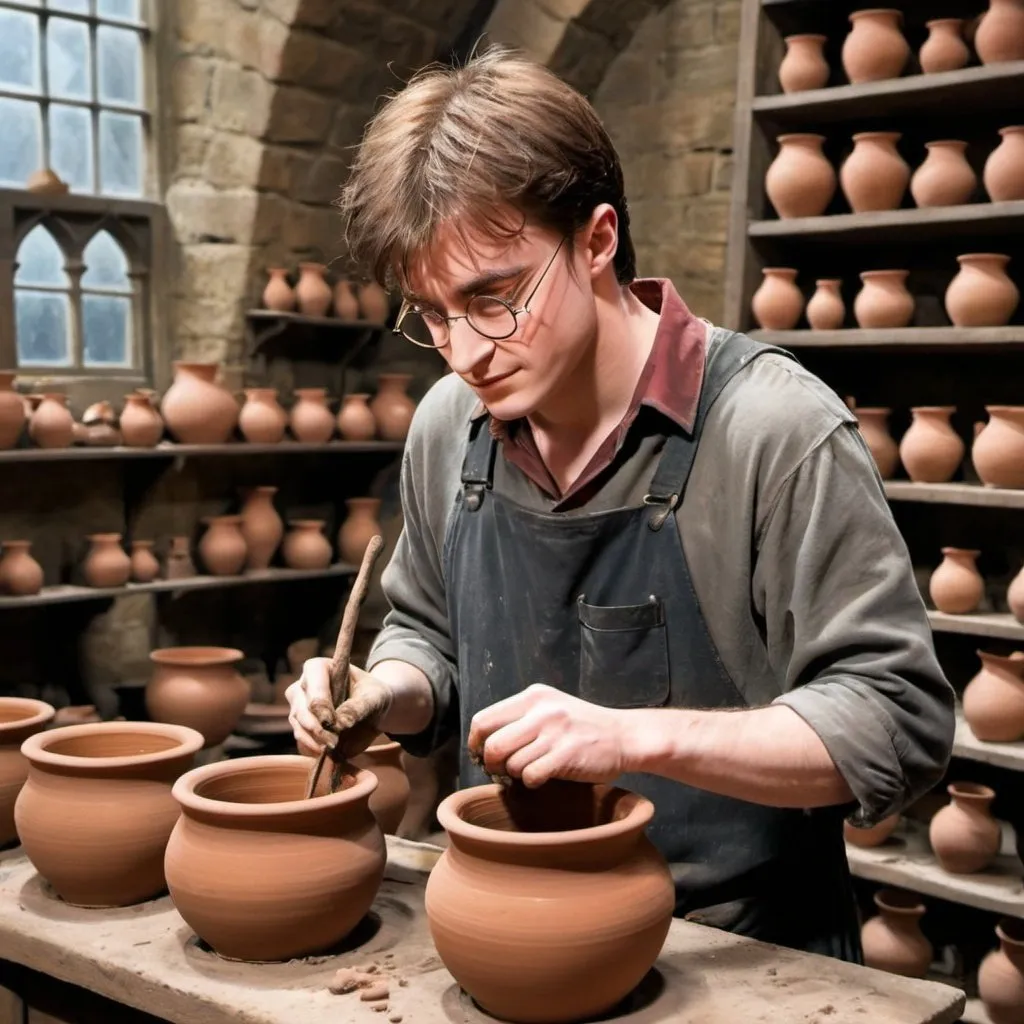 Prompt: Harry Potter making pots as an adult worker