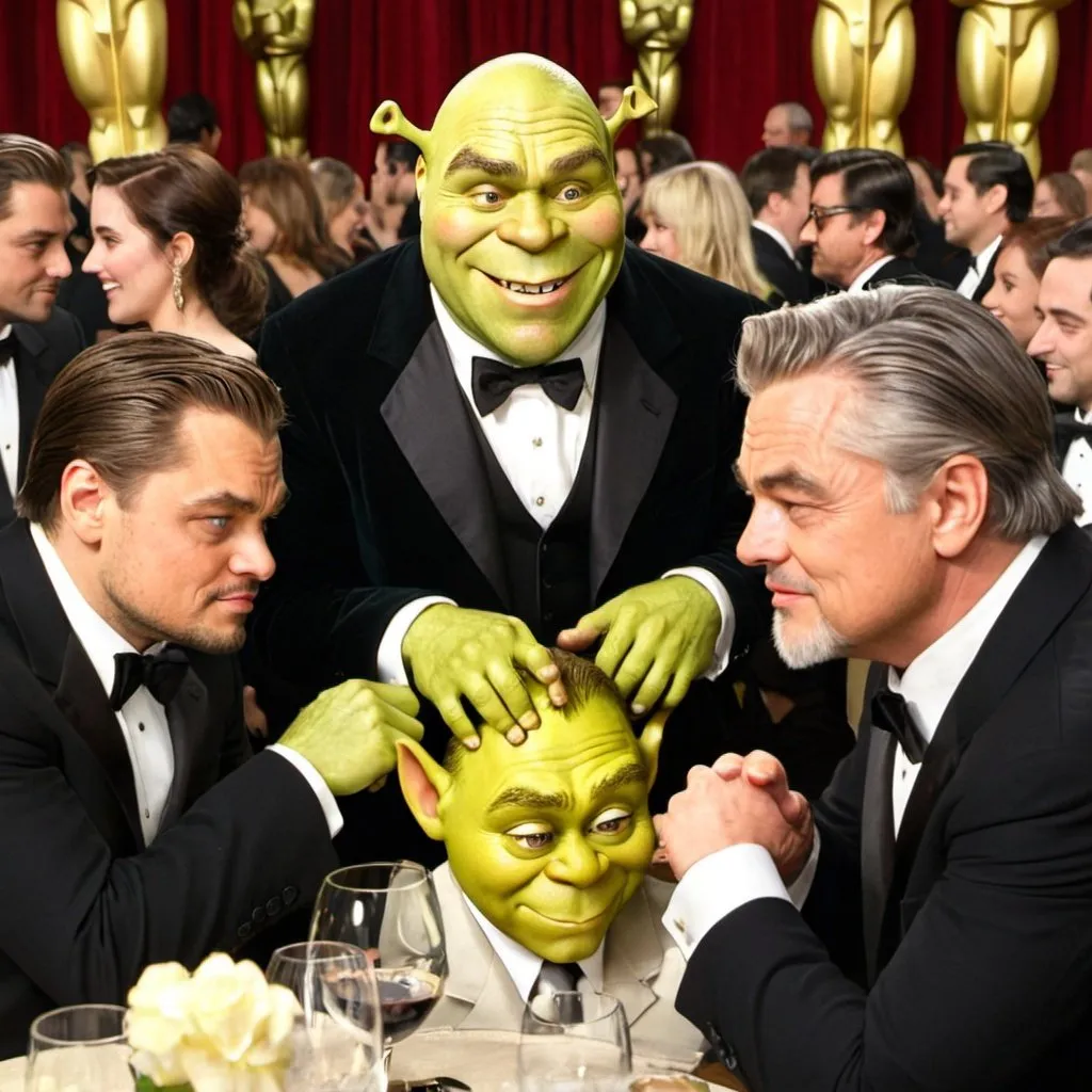 Prompt: Shrek is siting at a table in a suit at Oscars with Leonardo Dicaprio, Robert De Niro, and Alpacino. 