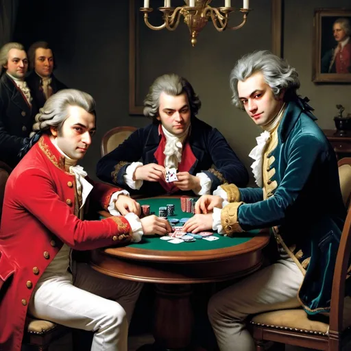 Prompt: Mozart playing poker with Beethoven, Bach, Chopin  