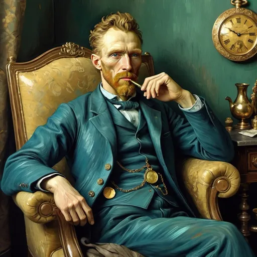 Prompt: Van Gogh living as a rich nobleman. He is sitting on a fancy chair, with a gold pocket watch, gold coins, and holding a fancy pipe. His right ear is made of titanium.  