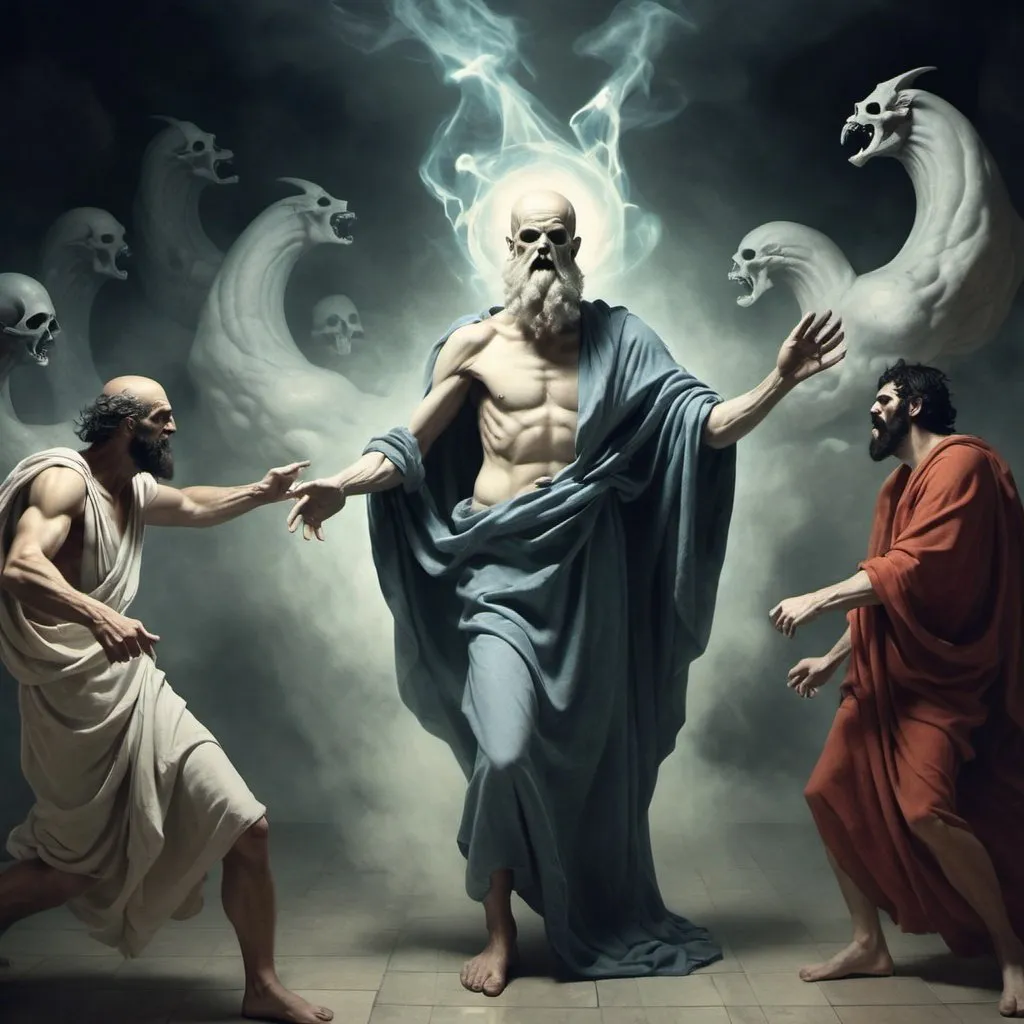 Prompt: The ghost of Hippocrates battling with Hades. Theme gods battling. Surreal. 