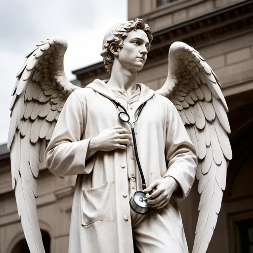 Prompt: Full-bodied white statue of a young male doctor with angel wings, wearing a long white coat, carrying a stethoscope around his neck. He is holding a surgical scalpel in his right hand above his head, he is looking up to the scalpel. Location is city square setting, detailed features, high quality, marble sculpture, angelic, serene lighting, professional, traditional art, urban, detailed wings, dramatic composition