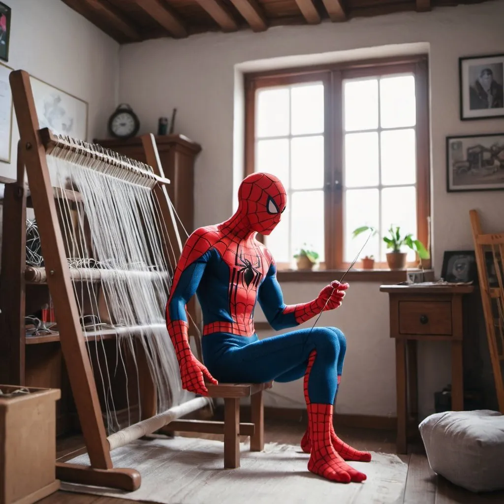 Prompt: Spiderman is sitting in his cozy room working with a loom machine. HQ. Small brush. Working fast. 