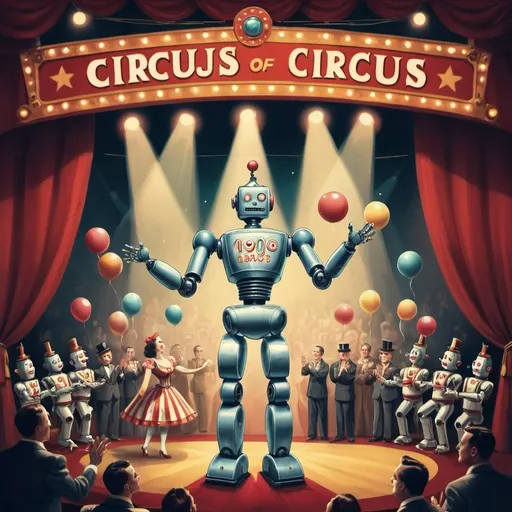 Prompt: A robot is juggling on stage of a circus in a 1940's theme. The audience is rich people, applauding the robot. 
HQ. Small Brush. 