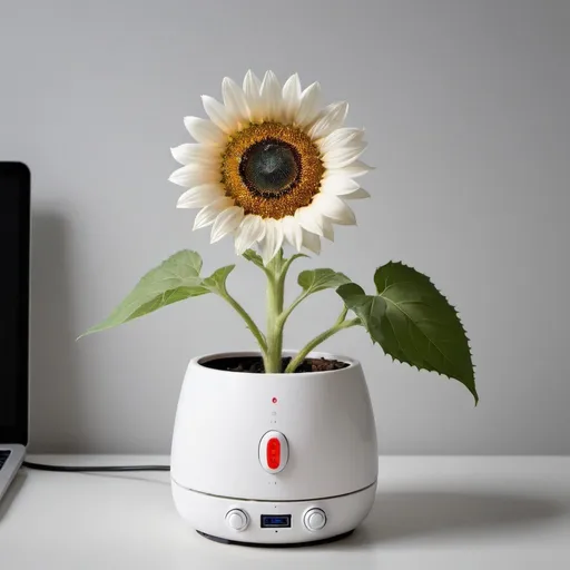 Prompt: A beautiful white sunflower in a white digital pot. There is an on and off button on the pot with a tiny red bulb showing it is on. 