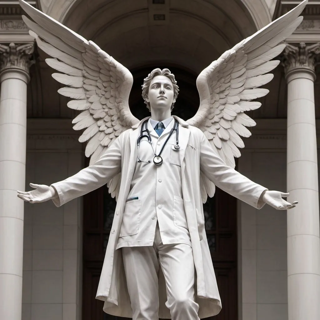 Prompt: Full-body white statue of a young male doctor with angel wings, wearing a long white coat, and carrying a stethoscope around his neck. He is holding a surgical scalpel in his right hand raised above his head, and he is looking up toward the scalpel. Location is city square setting, detailed features, high quality, marble sculpture, angelic, serene lighting, professional, traditional art, urban, detailed wings, dramatic composition