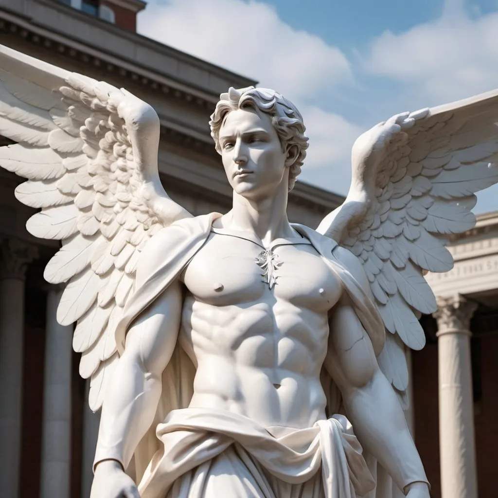 Prompt: White statue of a young male doctor with angel wings, long white coat, stethoscope around neck, holding a surgical scalpel above his head, city square setting, detailed features, high quality, marble sculpture, angelic, serene lighting, professional, traditional art, urban, detailed wings, dramatic composition