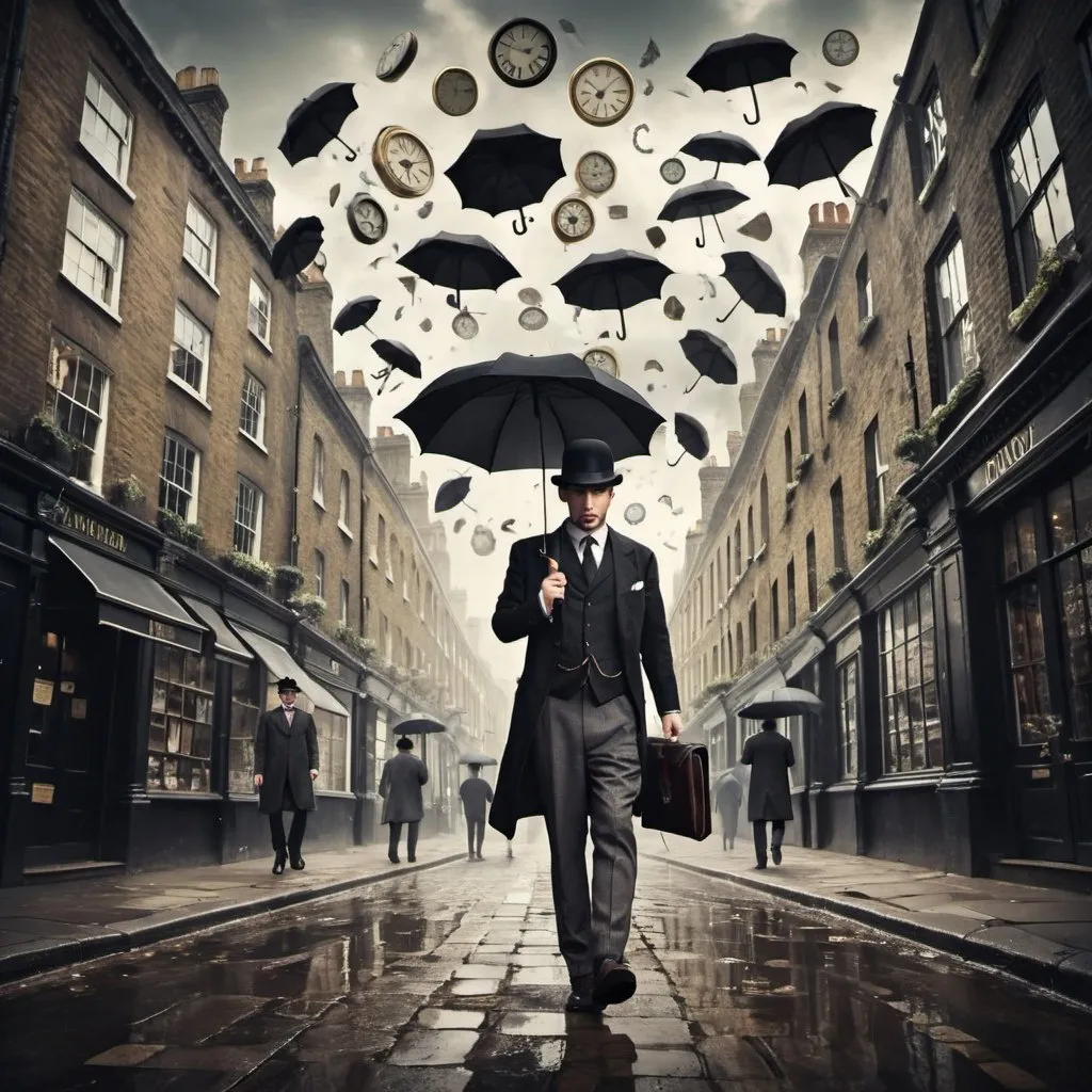 Prompt: A gentleman in a bowler hat and suit is walking in the old streets of London holding an umbrella. Many clocks are falling from the sky. Surreal. 