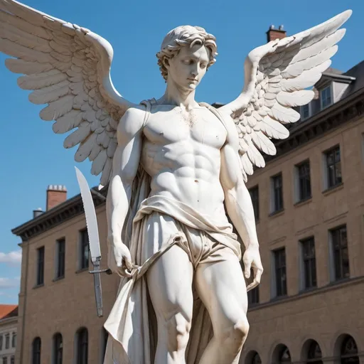 Prompt: White statue of a young male doctor with long angel wings located in the center of a city square. The statue is holding a scalpel in his right hand over his head and looking at it. 