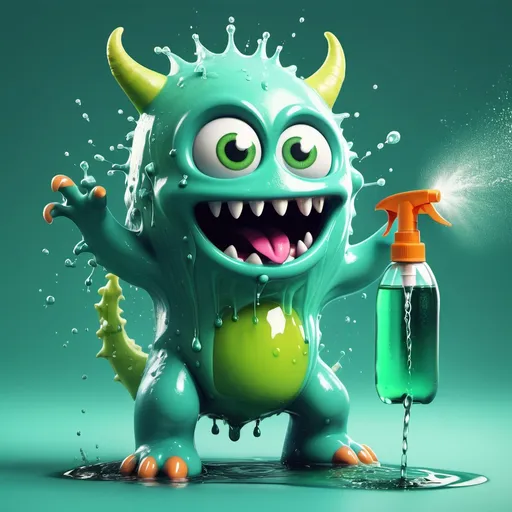 Prompt: a cute monster being squirted with a spray bottle of green water