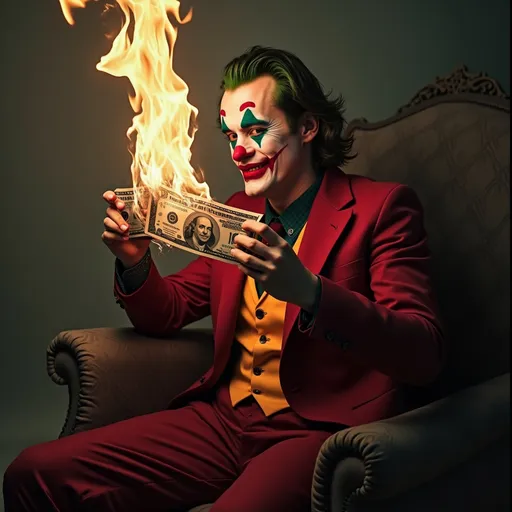 Prompt: joker qui brule de de argent
