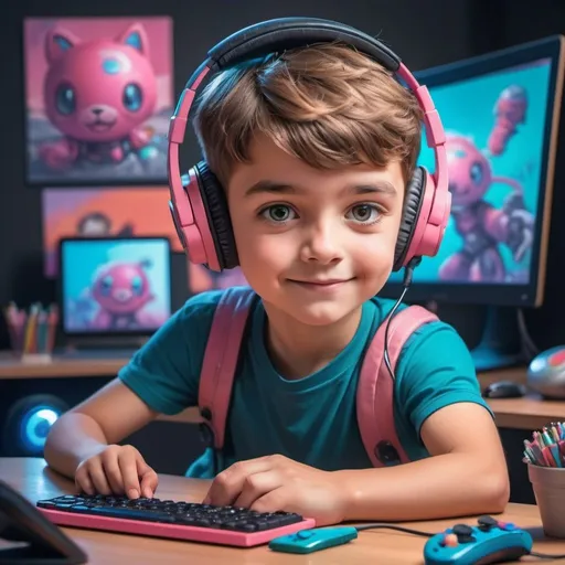 Prompt: Cartoon gamer character with a headset, colorful gaming peripherals, futuristic gaming setup, dynamic and energetic pose, vibrant and a boy