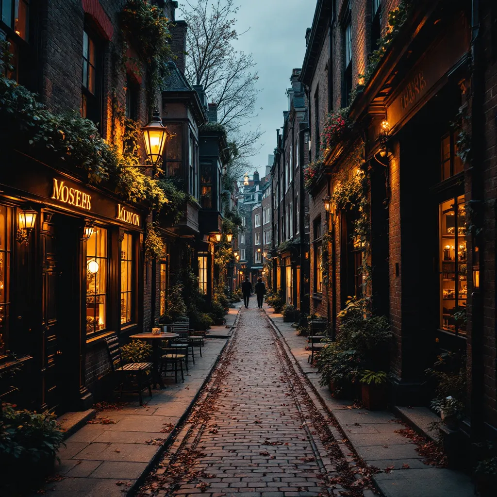 Prompt: An old fashioned London alley in the evening

