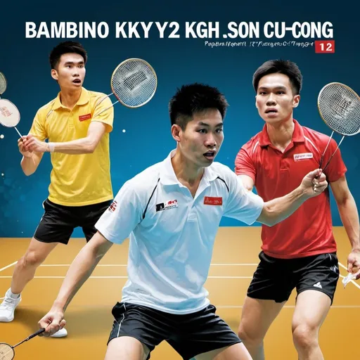 Prompt: Sports poster, impressive style, badminton championship, with text: "Hoang Phat (1), Huy Ky (2), Son Cuong (3)"