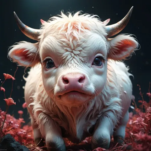 Prompt: Beautiful breathtaking cute adorable baby Japanese Fluffy-Cow with huge round realistic crying_eyes by Kamiya Satoshi, dark fantasy concept art, by Alberto Seveso, Cyril Rolando, Dan Mumford, Carne Griffiths, Meaningful Visual Art, Detailed Strange Painting, Digital Illustration, Unreal Engine 5, 32k maximalist, hyperdetailed fantasy art, octane render, digital art, sharp focus, masterpiece, fine art, fluffy