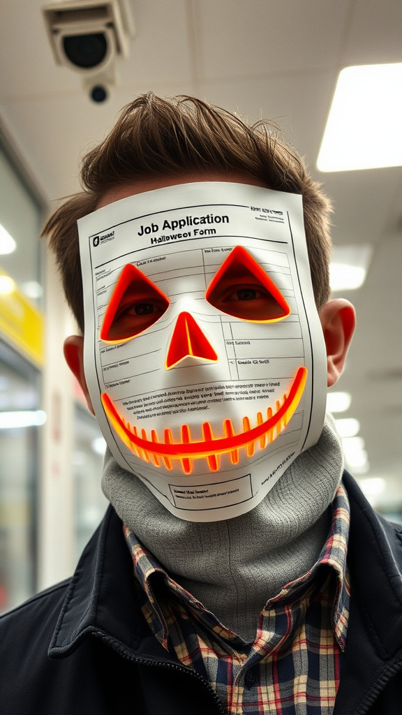 Prompt: A man wearing a job application form as a halloween mask. As seen from surveillance camera