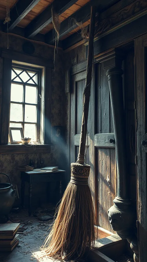 Prompt: In an abandoned, dusty old house with cobwebs draping from the corners and faded wallpaper peeling off the walls, a weathered wizard's broom leans against a decrepit wooden wall. The broom's bristles are frayed and its handle is worn with age, etched with ancient runes and magical symbols that hint at its once-glorious past. Sunlight streams through a broken window, casting eerie shadows and highlighting the broom's dilapidated state. The surrounding environment is filled with neglected, forgotten artifacts—an old cauldron, tattered spellbooks, and mystical trinkets—enhancing the sense of long-lost magic and mystery.