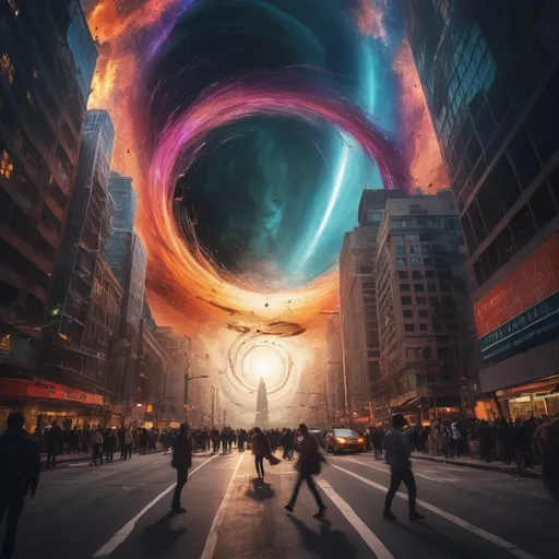 Prompt: A dramatic and surreal scene of a wormhole suddenly emerging in the middle of a bustling city. The wormhole appears as a swirling, vibrant vortex of colors, with tendrils of light and energy extending outward. The city around it is in chaos, with people staring in awe and fear, some taking cover while others try to capture the moment with their phones. Tall skyscrapers and busy streets are lit by the eerie, pulsating glow of the wormhole. Debris and papers are being drawn towards the vortex, adding to the sense of dynamic upheaval. The sky above is dark and ominous, contrasting with the vivid, shifting colors of the wormhole.