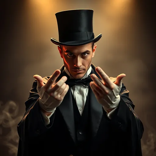 Prompt: A charismatic magician in a classic, elegant outfit—complete with a top hat, tails, and a dramatic cape—stands center stage, intensely focused on the viewer. His eyes are locked onto the camera with a mesmerizing, almost otherworldly gaze, as he performs a hypnotic gesture with his gloved hands. The background is dimly lit with a spotlight illuminating the magician, adding to the mysterious and enchanting atmosphere. Subtle, swirling patterns of light or smoke might be swirling around him, enhancing the sense of hypnosis and magic.