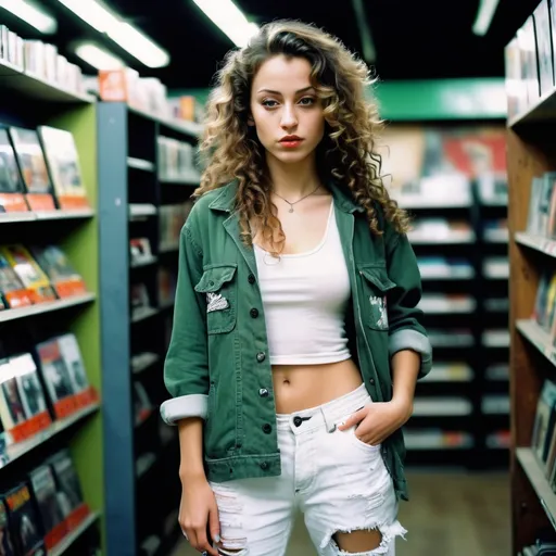 Prompt: masterpiece, A beautiful woman in late 20s, beautiful nose, beautiful lips, beautiful forehead, mafia look, attractive long curly hairs till her eyes, wearing good clothes and hands in pocket, baggy jacket, ripped pants, green, tank top, white and black skateboarding shoes. full body pic (focus on, face, shoes, pistol, baggy jacket, pants.) Analog film photography still, portrait of a woman in a VHS store, anaglyph effect, soft lighting, photo realistic, cinematic