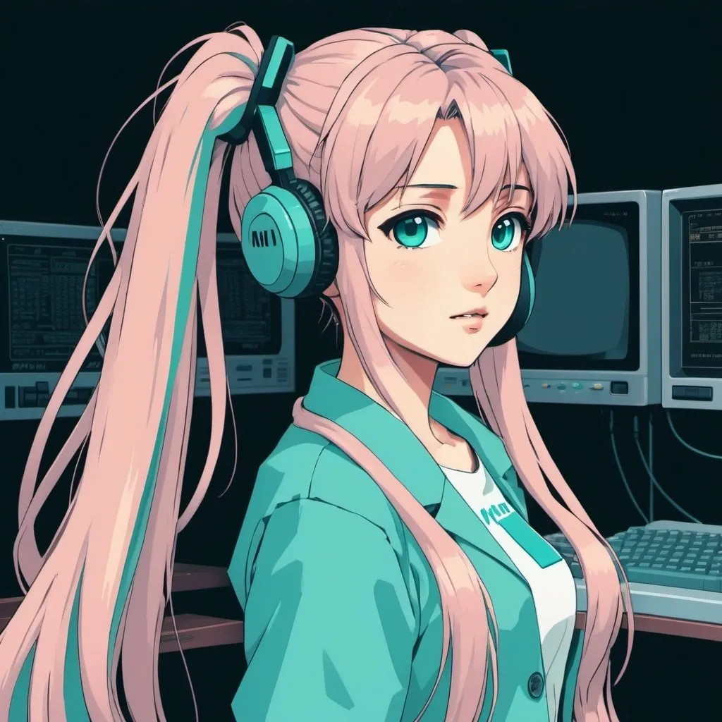 Prompt: Hatsune Miku in early '90s visual novel style, low-res, pastel colors, pixel art, retro, detailed hair, vintage computer interface, nostalgic atmosphere, pixelation, 8-bit, digital, low-fi, pixel art, pastel palette, retro anime, vintage, nostalgic, lo-fi, low resolution, detailed, vintage computer, visual novel style, pixelation, detailed hair, professional, atmospheric lighting