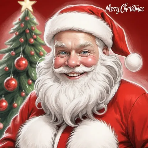 Prompt: pencil sketch of santa claus wearing fur outfit cute smile bright eye red cheek christmas tree in background and merry christmas  written in banner